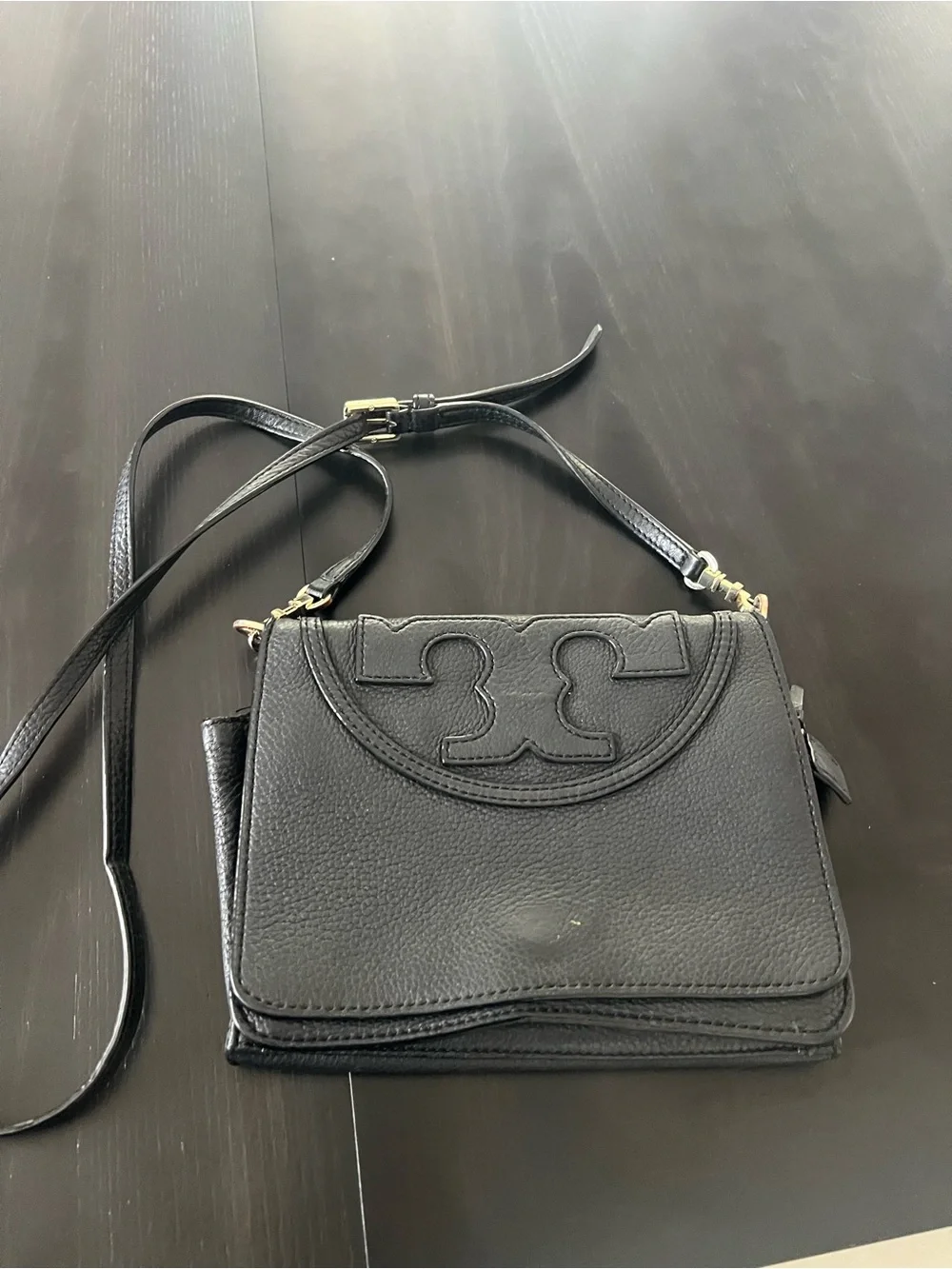 Tory Burch Black Pebbled Leather Crossbody with Signature Logo Flap